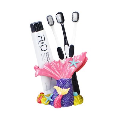 4-inch Mermaid Toothbrush Holder- Resin Organizer for Bathroom & Kitchen Countertops, Purple Ocean Decor Set