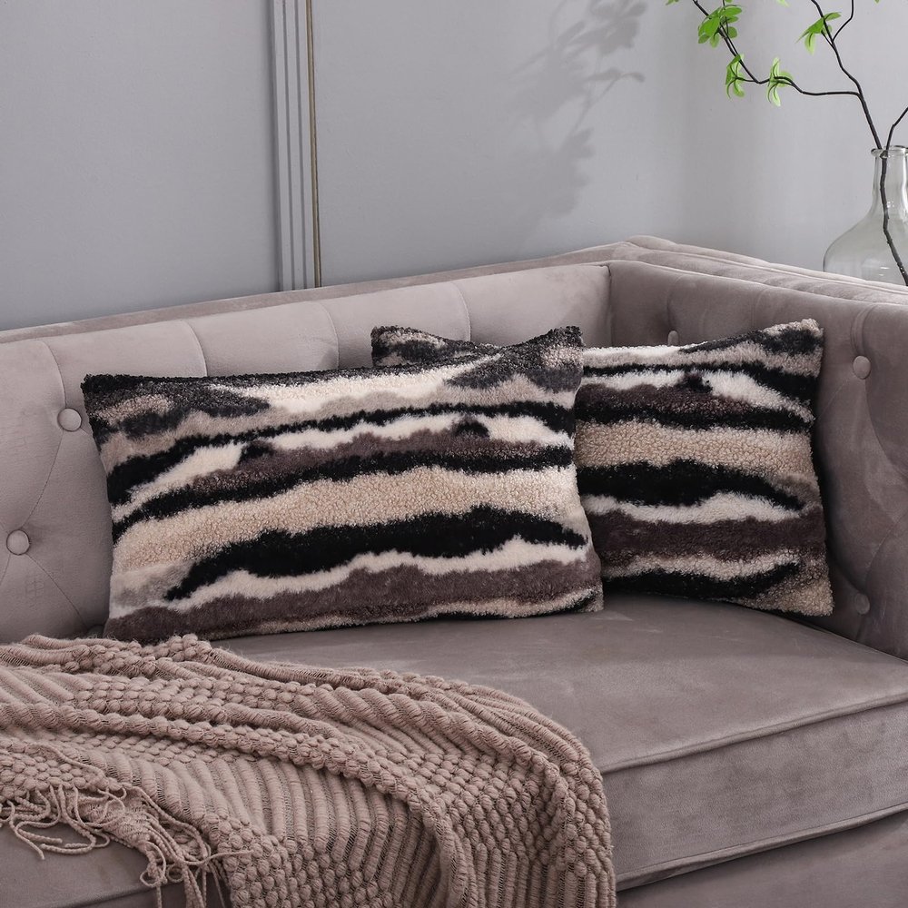 12x20 Decorative lumbar Throw Pillow Covers Set of 2 Black White Faux Fur Fluffy Boucle Cushion Cases Boho Sherpa Neutral Fuzzy Plush Indoor Winter Decorations Home Decor for Livingroom Bed Couch Sofa