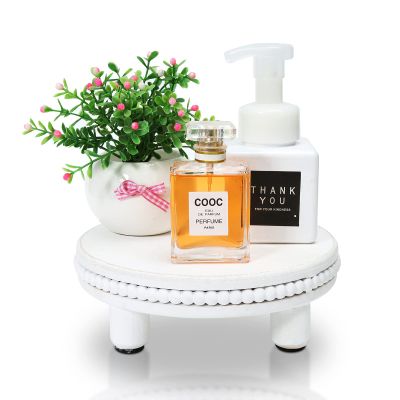 Farmhouse Beaded Wood Pedestal Tray Decor, 7.6 Round Vintage Display Stand, Decorative Accent Display Riser for Kitchen, Bathroom Small Items (White)