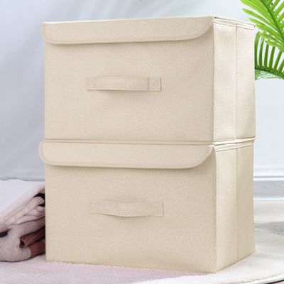 2 pcs Folding Storage Bag, Large Capacity Clothes Storage Containers, Cotton Cloth Storage Bins Box with Cover, Reinforced Handles, for Bedding, Blanket (Color : White)