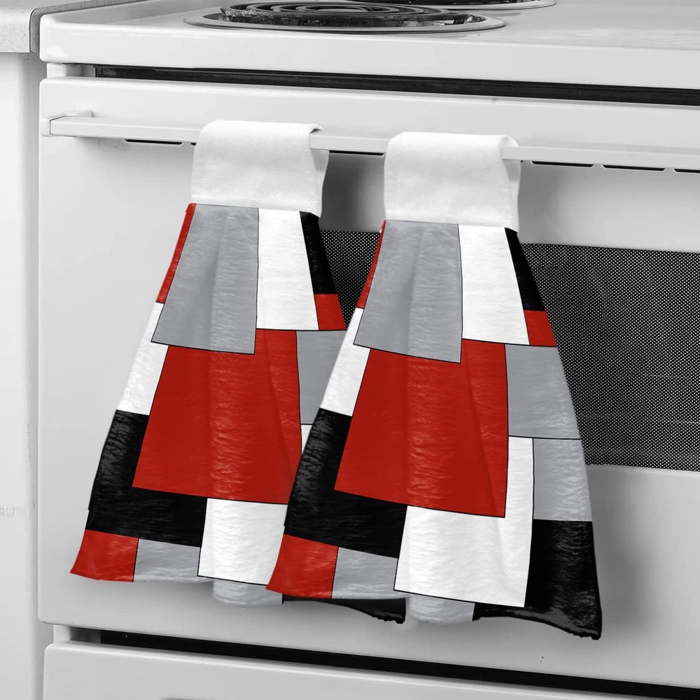 Chucoco Kitchen Hanging Tie Towel Set of 2, Reusable Quick Drying Hand Towel Abstract Red Black Grey White Color Block Cleaning Cloth with Loop Bathroom Tie Towels Splicing Geometric Plaid