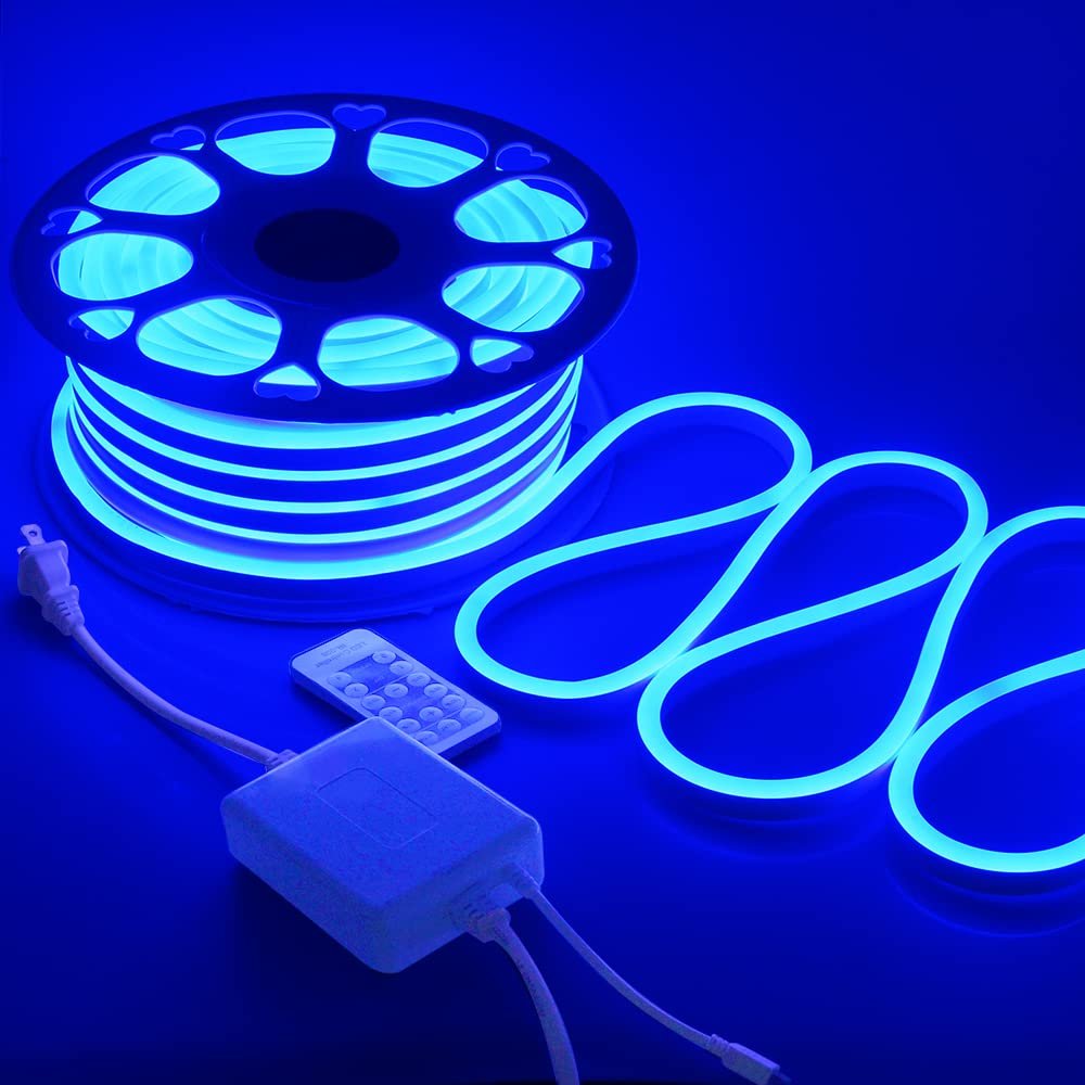 Samsion Blue Neon Rope Lights 82ft Dimmable Neon Light Strip Waterproof IP65 LED Neon Flex Strip Lights 25M 120LEDs/M 110V~130V AC Cuttable Rope Lights for Indoor Outdoor Lighting Decoration
