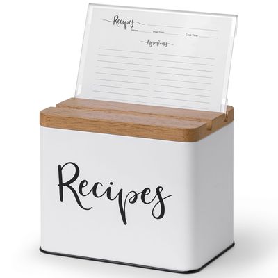 Deppon Recipe Box with Cards and Dividers, White Metal Vintage Farmhouse Design Recipe Organization Box, 4 x 6 Recipe Card Box Set with Grooved lid