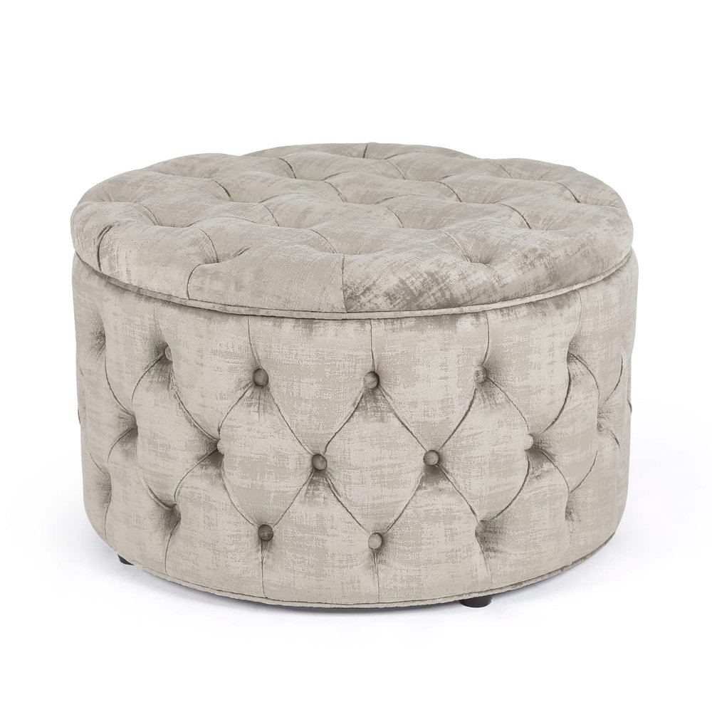 Adeco Modern 28 Inch Round Storage Ottomans Chair, Button Tufted Upholstered Ottoman Footstool with Storage for Living Room Bedroom