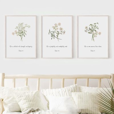 NATVVA Nursery Bible Verse Wall Decor 3 Pieces Psalm 139:14 Proverbs 3 15 Prints Posters Wall Art Canvas Painting for Artwork Baby Girl Room Christian Nursery Decor with Inner Frame