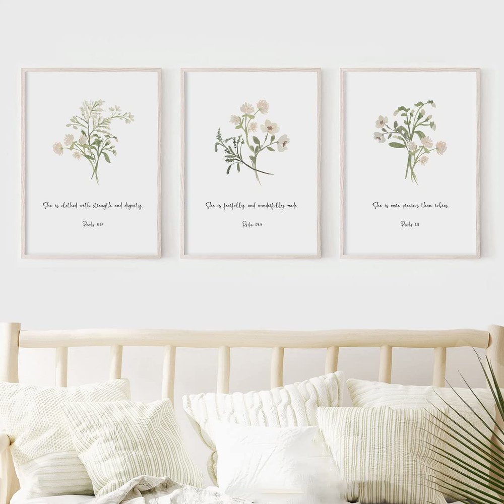 NATVVA Nursery Bible Verse Wall Decor 3 Pieces Psalm 139:14 Proverbs 3 15 Prints Posters Wall Art Canvas Painting for Artwork Baby Girl Room Christian Nursery Decor with Inner Frame