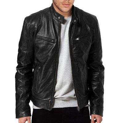 Maiyifu-GJ Men Faux Leather Biker Jacket Vintage Motorcycle Jacket Outerwear Retro PU Stand Collar Coat with Zipper Pockets (Black,Small)