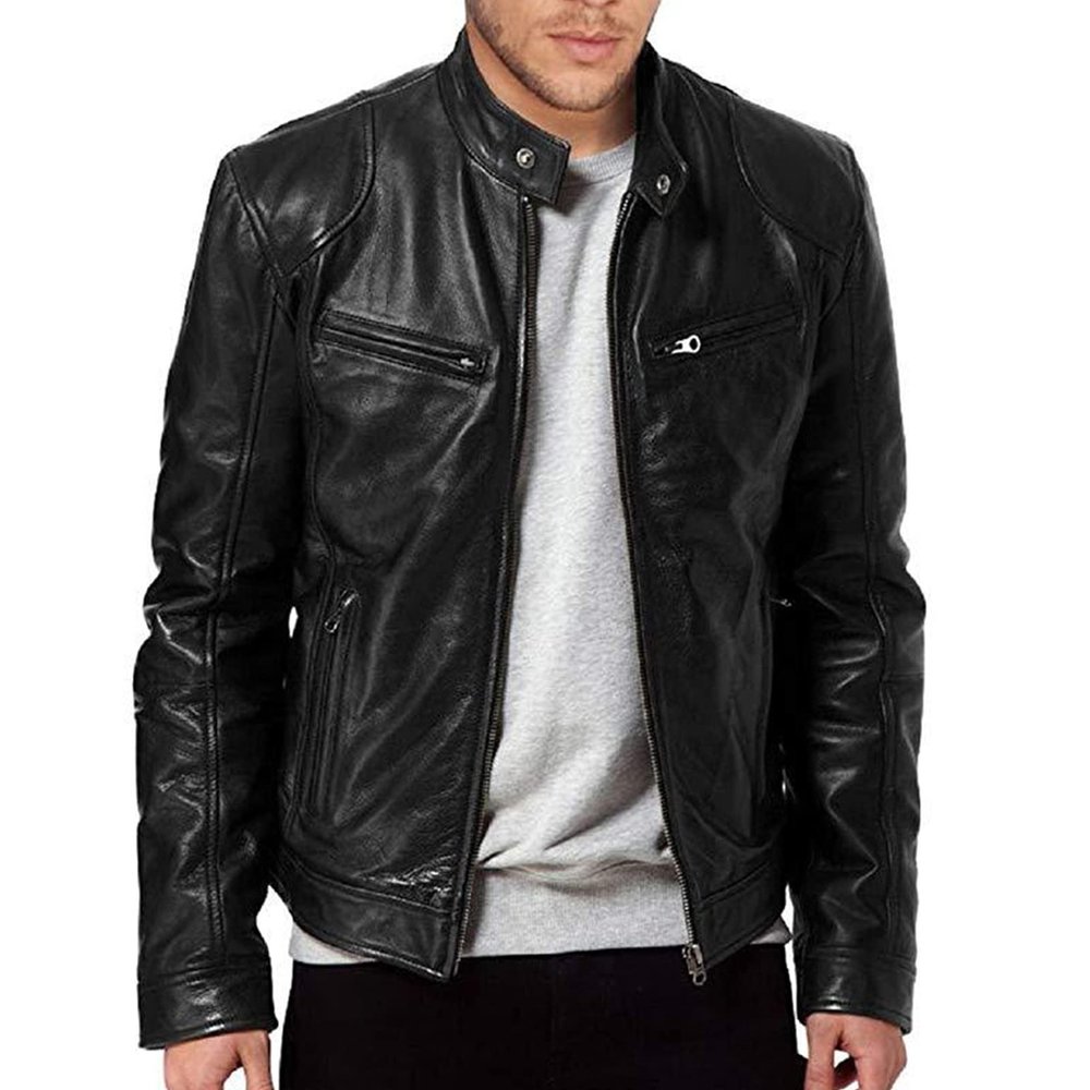 Maiyifu-GJ Men Faux Leather Biker Jacket Vintage Motorcycle Jacket Outerwear Retro PU Stand Collar Coat with Zipper Pockets (Black,Small)