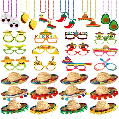 Yunsailing 36 Pcs Fiesta Party Supplies Fabric Straw Sombrero Headbands Necklaces Eyeglasses for Mexican Party (Modern Style)