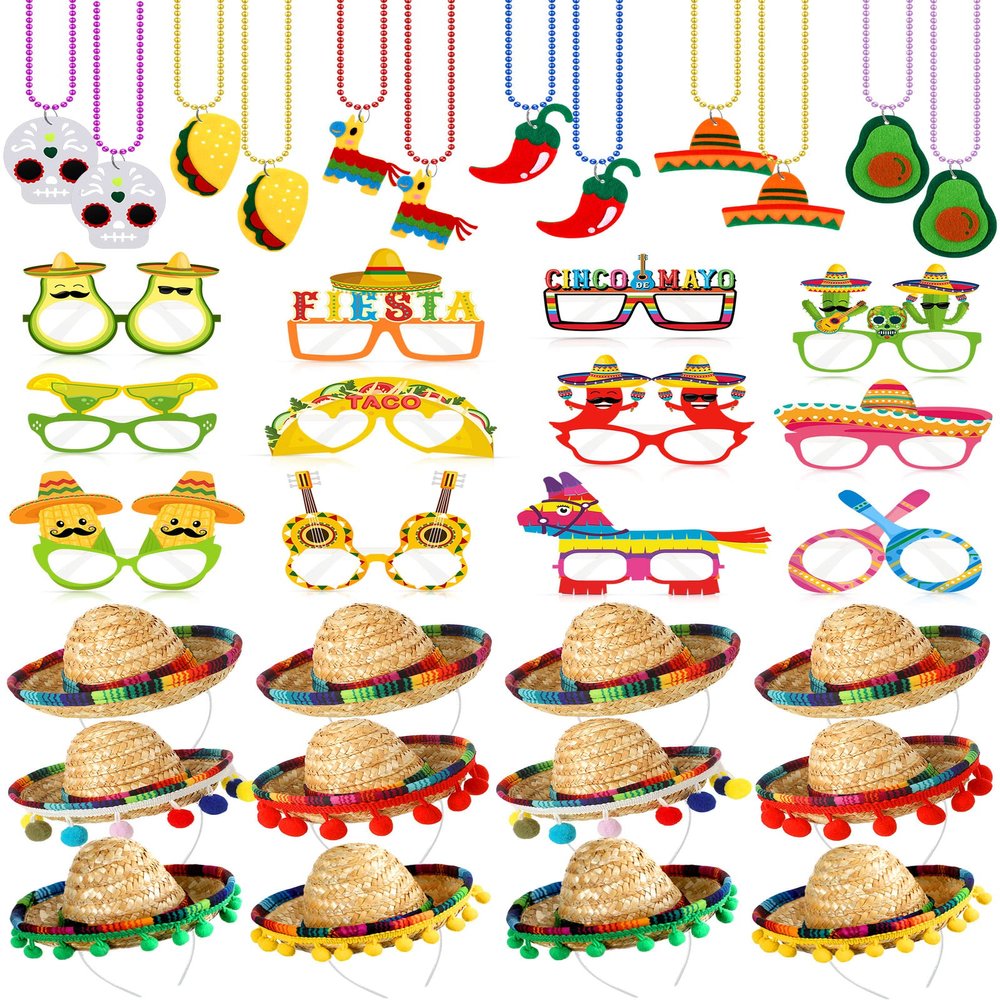 Yunsailing 36 Pcs Fiesta Party Supplies Fabric Straw Sombrero Headbands Necklaces Eyeglasses for Mexican Party (Modern Style)