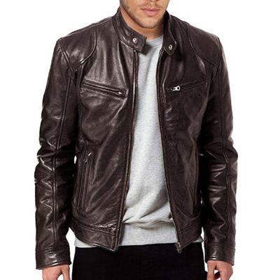 Maiyifu-GJ Men Faux Leather Biker Jacket Vintage Motorcycle Jacket Outerwear Retro PU Stand Collar Coat with Zipper Pockets (Brown,Small)