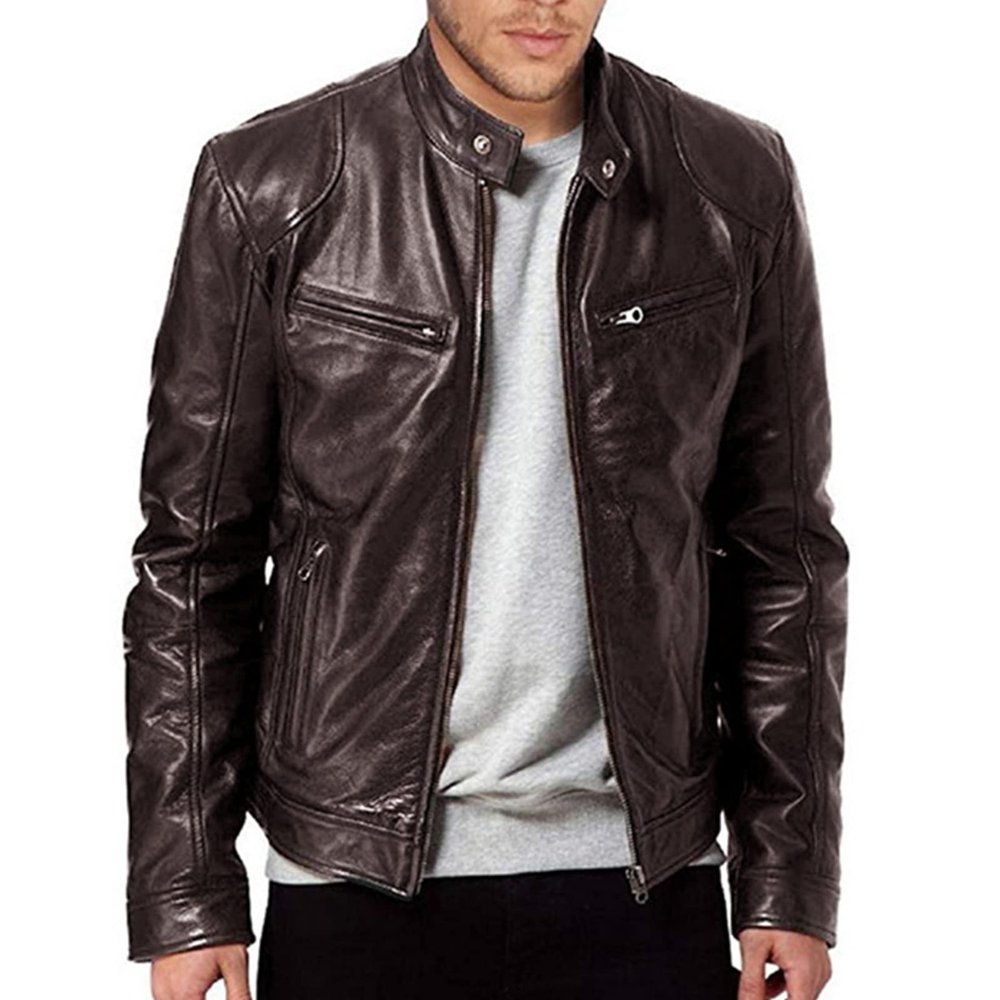 Maiyifu-GJ Men Faux Leather Biker Jacket Vintage Motorcycle Jacket Outerwear Retro PU Stand Collar Coat with Zipper Pockets (Brown,Small)