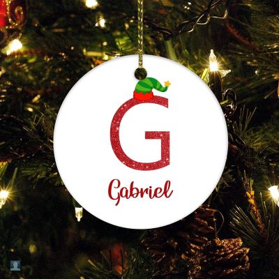 Christmas Initial G with Elf Hat Christmas Ornament Letter Customized Round Ceramic Ornament Ornament for Christmas Tree