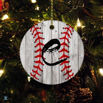 Baseball Letter C Personalized Ornament Retro Baseball Xmas Gift Christmas Decoration Keepsake Ornament for Boys Girls Round Ceramic Christmas Decoration