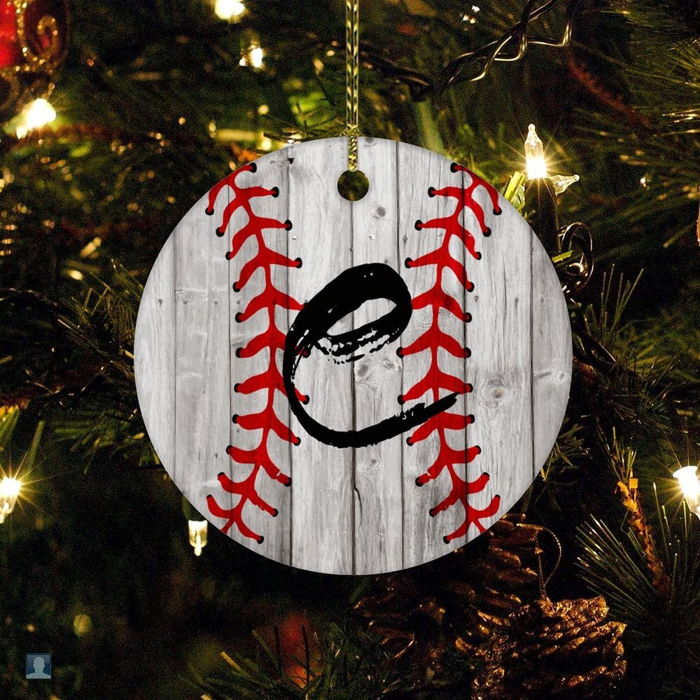 Baseball Letter C Personalized Ornament Retro Baseball Xmas Gift Christmas Decoration Keepsake Ornament for Boys Girls Round Ceramic Christmas Decoration