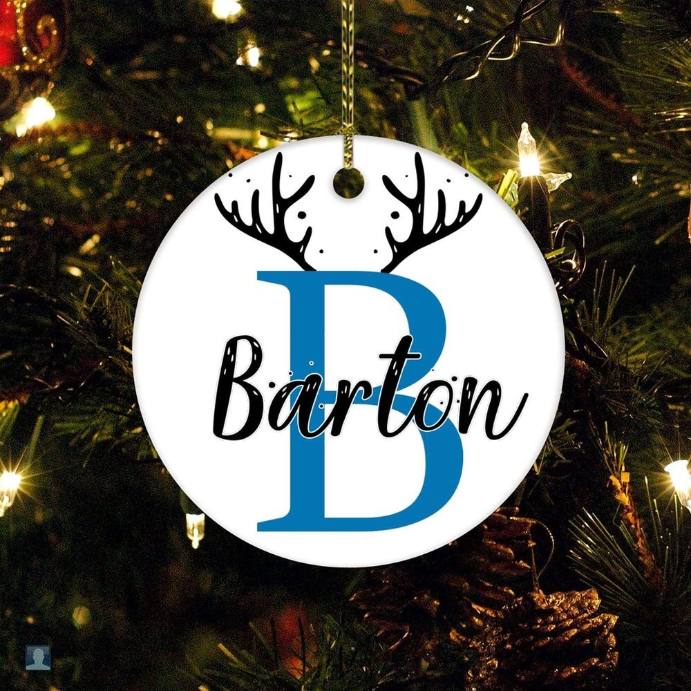 Christmas Initial with Antlers Christmas Ornament Custom Name Initial Personalized Christmas Ornament Xmas Tree Decorations Flat Circle Ceramic Ornament 3 Inch