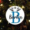 Christmas Initial with Antlers Christmas Ornament Custom Name Initial Personalized Christmas Ornament Xmas Tree Decorations Flat Circle Ceramic Ornament 3 Inch view 1