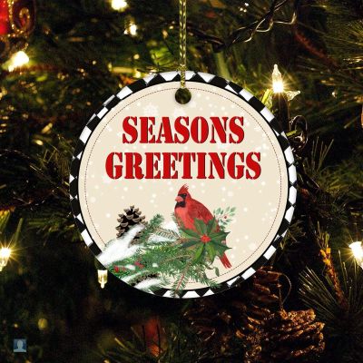 Christmas Ceramic Ornament Animal Red Bird Holly Plant Pine Cone Customized Round Ceramic Ornament Christmas Season's Greetings Ornament Xmas Tree Decorations Flat Circle Ceramic Ornament 3 Inch