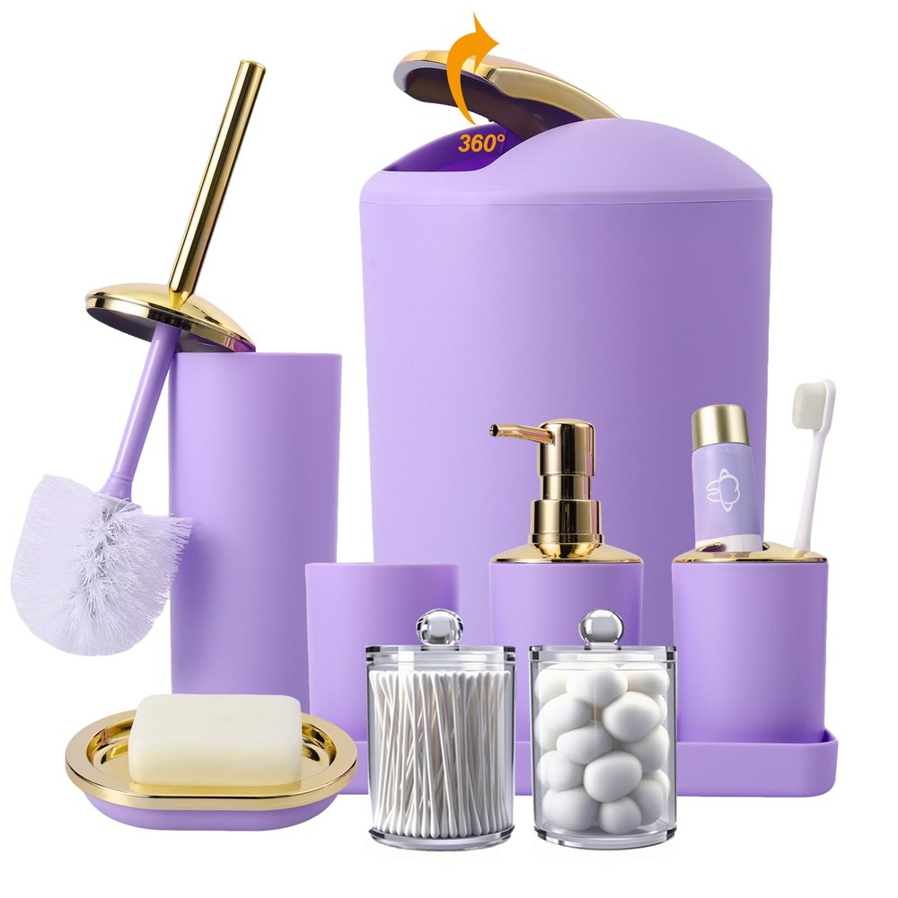 BSSN Purple and Gold Bathroom Accessories Set, 9 Pieces Luxury Bath Decor Set with Trash Can, Toilet Brush, Gold Pump Soap Dispenser, Multi-Slot Toothbrush Holder, Qtip Jars and Tray