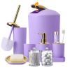 BSSN Purple and Gold Bathroom Accessories Set, 9 Pieces Luxury Bath Decor Set with Trash Can, Toilet Brush, Gold Pump Soap Dispenser, Multi-Slot Toothbrush Holder, Qtip Jars and Tray view 1