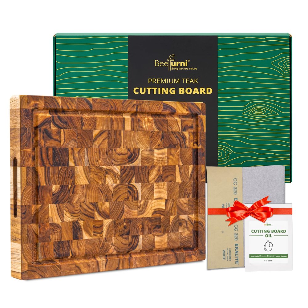 BEEFURNI Teak Wood End Grain Cutting Board (S, 16x12x1.5"), Wooden Cutting Boards for Kitchen with Juice Groove Hand Grip Small, Charcuterie Boards, Serving Board, Christmas Gifts, 1-Year Warranty