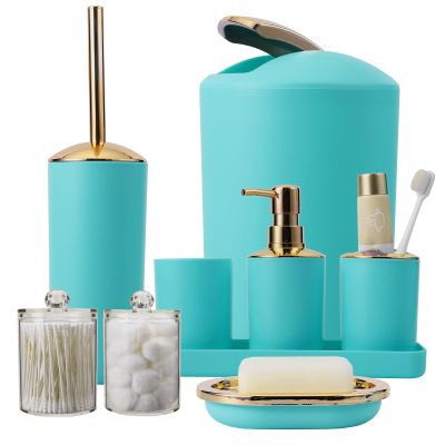 9 Pieces Teal Bathroom Accessories Set Gorgeous Gold Bathroom Set, Trash Can, Toilet Brush, Soap Dispenser, Toothbrush Holder, Soap Dish, Tumber, Qtip Holder, Tray, Sink Countertop Set