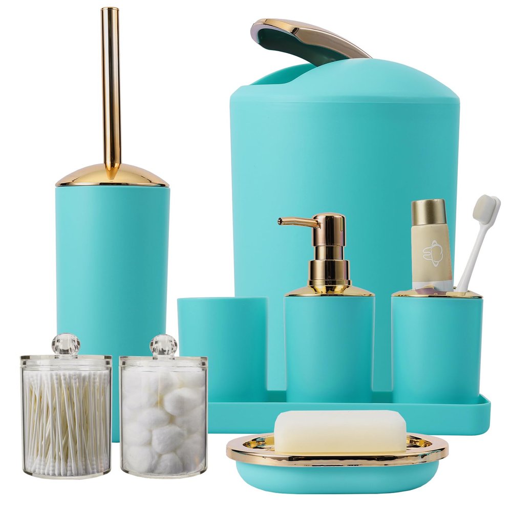 9 Pieces Teal Bathroom Accessories Set Gorgeous Gold Bathroom Set, Trash Can, Toilet Brush, Soap Dispenser, Toothbrush Holder, Soap Dish, Tumber, Qtip Holder, Tray, Sink Countertop Set