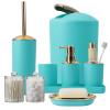 9 Pieces Teal Bathroom Accessories Set Gorgeous Gold Bathroom Set, Trash Can, Toilet Brush, Soap Dispenser, Toothbrush Holder, Soap Dish, Tumber, Qtip Holder, Tray, Sink Countertop Set view 1