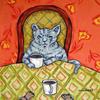 cat tile - cat art - Grey Cat at the Coffee Shop Cat Art coaster tile gift, cat gifts, gift view 1