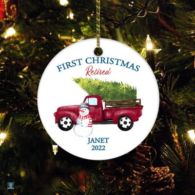 Christmas Ornament Red Truck Car with Christmas Tree Snowflake Snowman Vintage Rustic Far Customized Round Ceramic Ornament First Christmas Retired 2022 Personalize Name Ornament