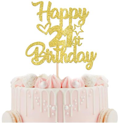 1 Pack Happy 21st Birthday Cake Topper - Glitter Heart Star 21 Fabulous Cake Pick - Black