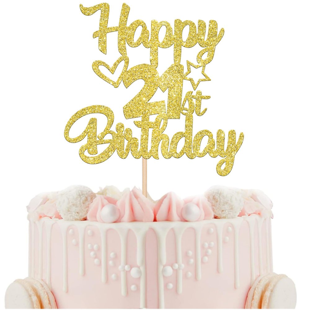1 Pack Happy 21st Birthday Cake Topper - Glitter Heart Star 21 Fabulous Cake Pick - Black