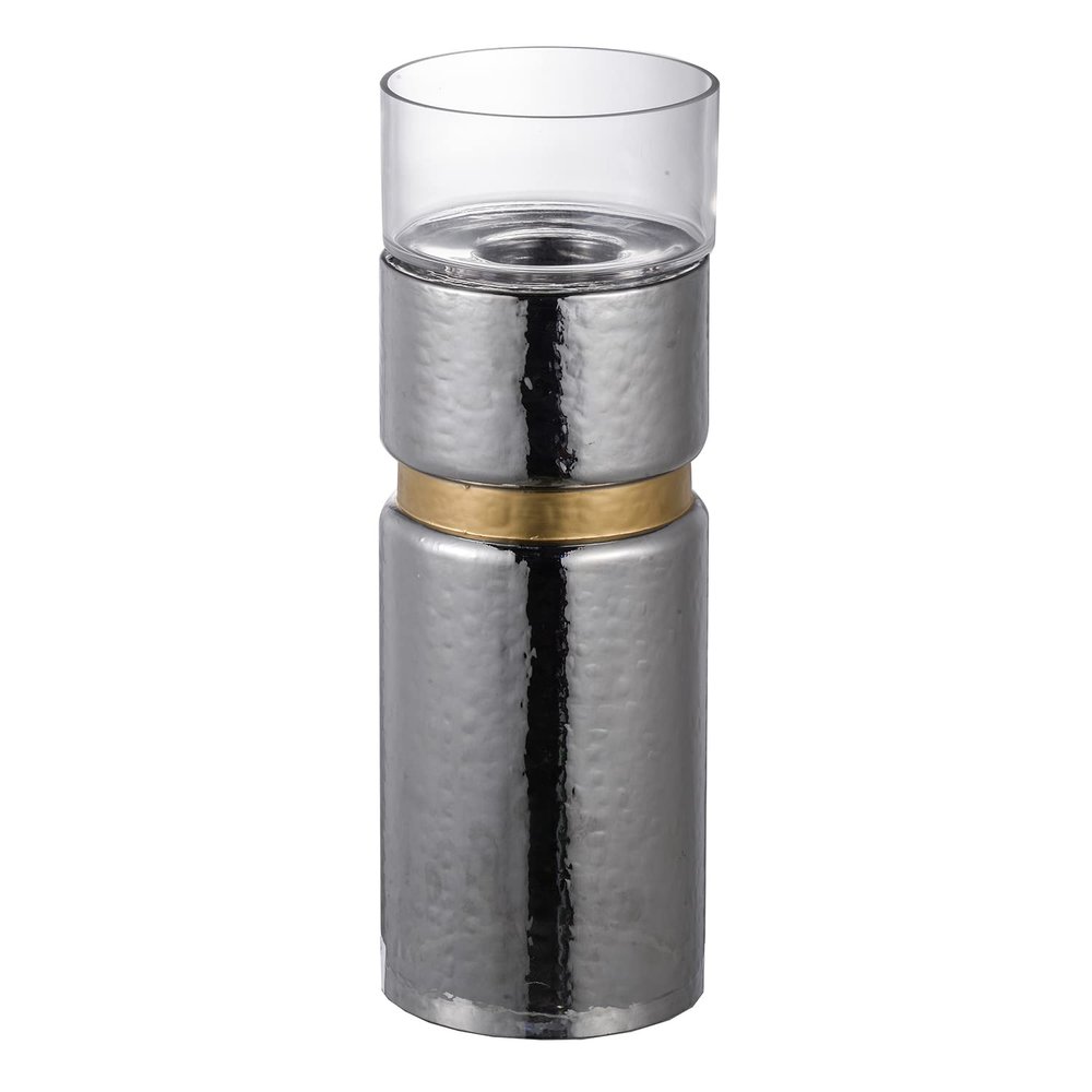 A&B Home Candle Holder for Pillar Candle - Cylinder Mercury Glass Hurricane with Gold Band Candle Holder, Bedroom Living Room Coffee Table Entryway Console Table Accent Piece, 6" x 6" x 17", Silver