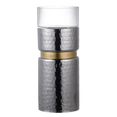 A&B Home Candle Holder for Pillar Candle - Cylinder Mercury Glass Hurricane with Gold Band Candle Holder, Bedroom Living Room Coffee Table Entryway Console Table Accent Piece, 6" x 6" x 15", Silver