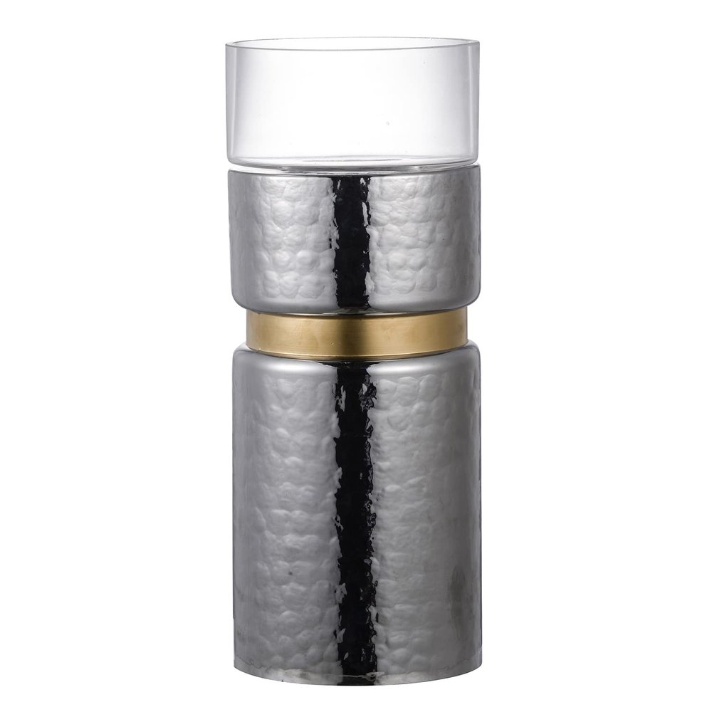 A&B Home Candle Holder for Pillar Candle - Cylinder Mercury Glass Hurricane with Gold Band Candle Holder, Bedroom Living Room Coffee Table Entryway Console Table Accent Piece, 6" x 6" x 15", Silver