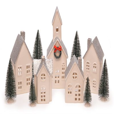 Mark Feldstein & Associates Silver Rooftopped Village with Trees, White Porcelain LED Holiday Figurines, 16 Piece Set, 11 Inch
