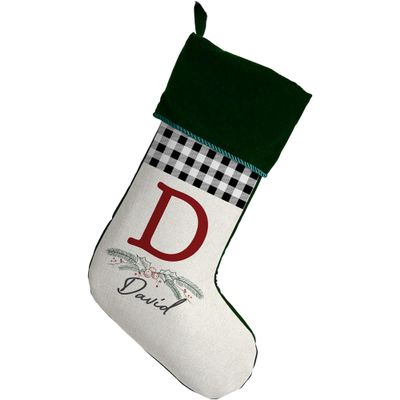 Personalization Universe Festive Foliage Personalized Christmas Stocking, Plush Velvet with Woven Polyester Front, Custom Initial and Name, Perfect Holiday Home Decor, 19.5" L x 7.5" W - Green