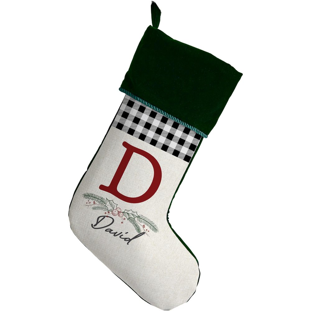 Personalization Universe Festive Foliage Personalized Christmas Stocking, Plush Velvet with Woven Polyester Front, Custom Initial and Name, Perfect Holiday Home Decor, 19.5" L x 7.5" W - Green