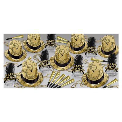 Beistle Black & Gold Happy New Year's Eve Party Supplies Assortment for 50 People - NYE Photo Booth Props - Hats, Tiaras, Noisemaker Horns, Necklaces