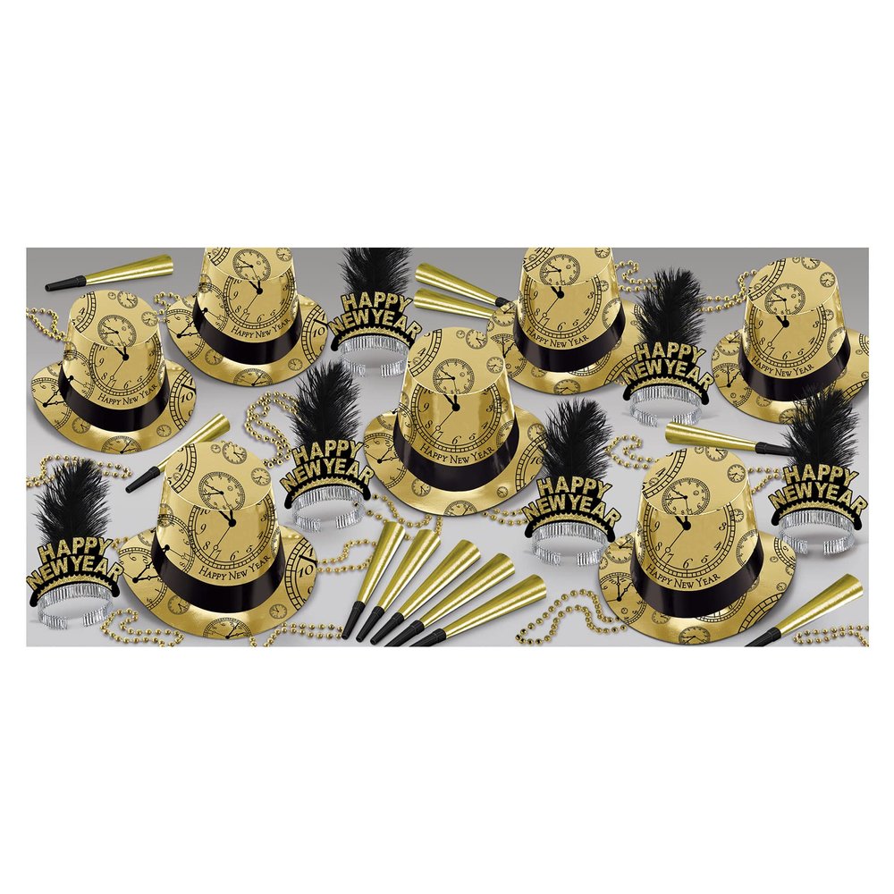 Beistle Black & Gold Happy New Year's Eve Party Supplies Assortment for 50 People - NYE Photo Booth Props - Hats, Tiaras, Noisemaker Horns, Necklaces