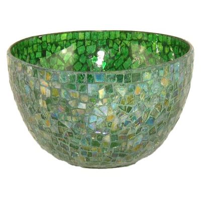 Decorative Bowl Vase Green, Yellow and Blue Irregular Shaped Glass Pieces in Mosaic Pattern 10" Diameter