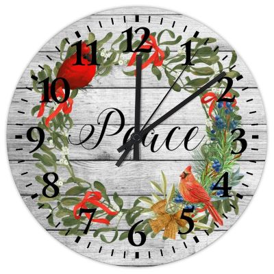 12 Inch Peace Wood Clock Quality Quartz Non Ticking Merry Christmas Cardinal Bird Pine Wreath Wall Clock for Bedroom Arabic Numeral Round Clock for Living Room Office