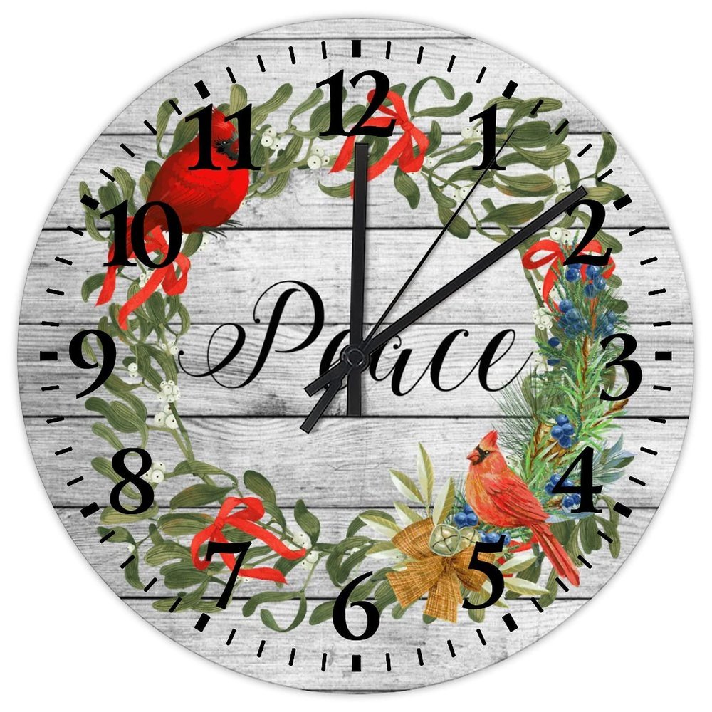 12 Inch Peace Wood Clock Quality Quartz Non Ticking Merry Christmas Cardinal Bird Pine Wreath Wall Clock for Bedroom Arabic Numeral Round Clock for Living Room Office
