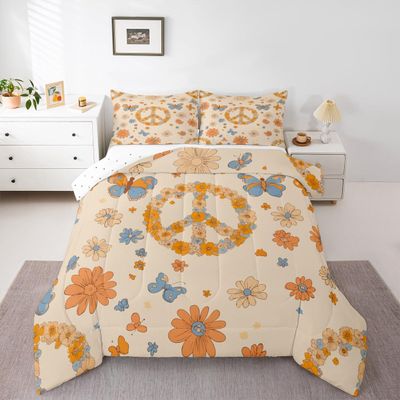 Erosebridal Groovy Party Decorations Full Comforter for Girls Women Peace Sign Decor Bedding Sets & Collections Hippie Butterfly Bedding Cute Kawaii Florals Down Comforter Honey Bee Gifts for Kids