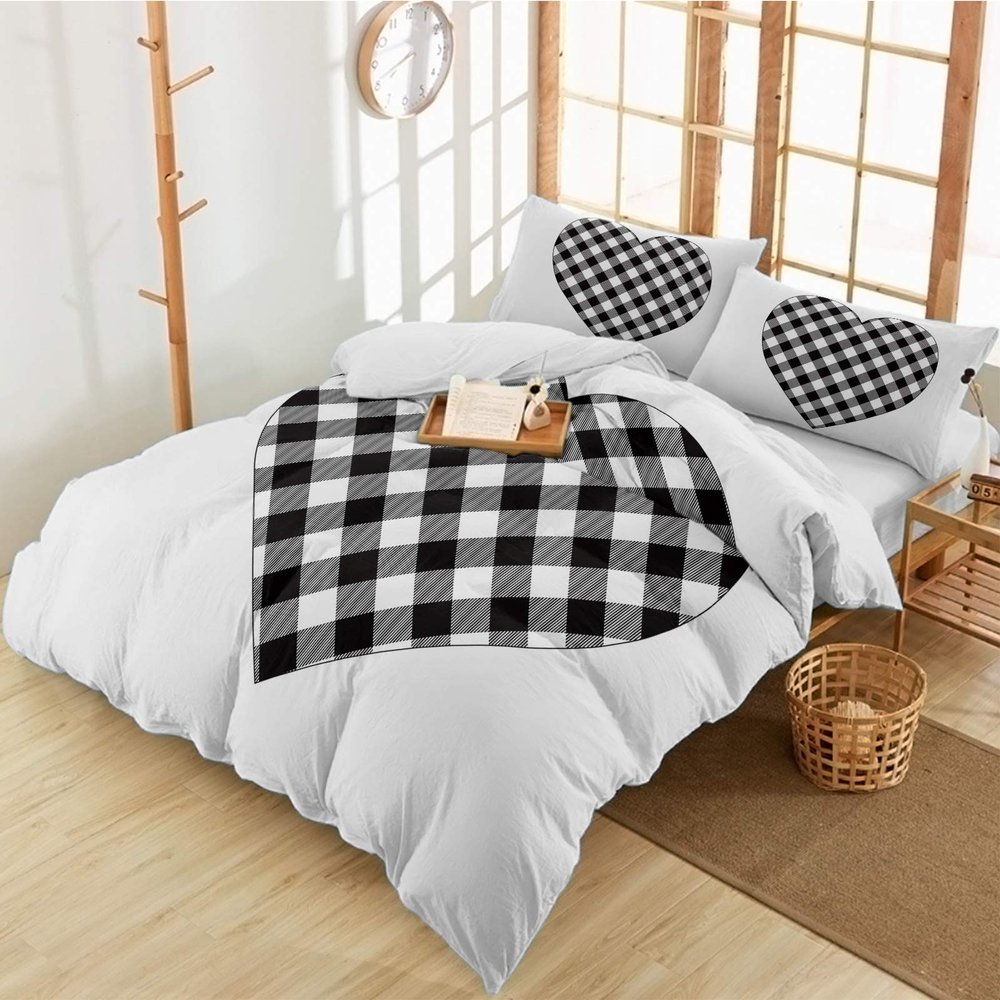 3 Pieces Queen Bedding Duvet Covers Set Valentine's Day Romantic Love Soft Quilt Cover and Pillow Shams, Lightweight Comforter Cover Sets with Zipper Closure for Bedroom Decor Black and White Plaid