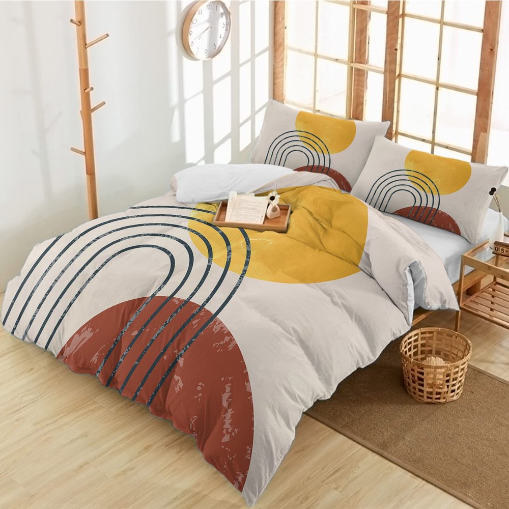 3 Pieces Twin Bedding Duvet Covers Set Mid Century Terracotta Sun Arch Curve Lines Soft Quilt Cover and Pillow Shams, Lightweight Comforter Cover Sets with Zipper Closure for Bedroom Decor Boho Art