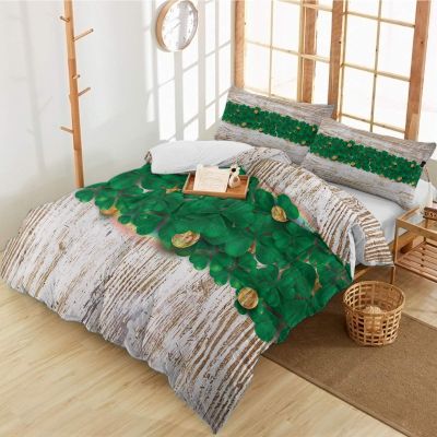 3 Pieces Queen Bedding Duvet Covers Set St. Patrick's Day Green Shamrock Leaf with Gold Coin Soft Quilt Cover and Pillow Shams, Comforter Cover Sets with Zipper Closure for Bedroom Wooden Texture