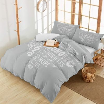 3 Pieces Queen Bedding Duvet Covers Set Heart Shaped Quote Motivational Words Soft Quilt Cover and Pillow Shams, Lightweight Comforter Cover Sets with Zipper Closure for Bedroom Decor Grey