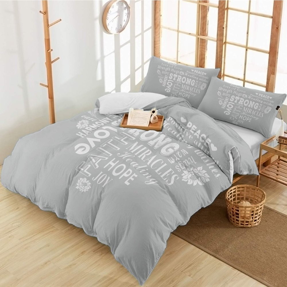 3 Pieces Queen Bedding Duvet Covers Set Heart Shaped Quote Motivational Words Soft Quilt Cover and Pillow Shams, Lightweight Comforter Cover Sets with Zipper Closure for Bedroom Decor Grey