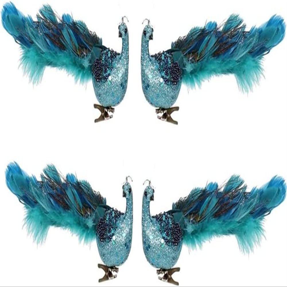 12" Glittering Blue Peacock Clips on Tree Christmas Decorations for Parties and Christmas Decorations (4 Pack)